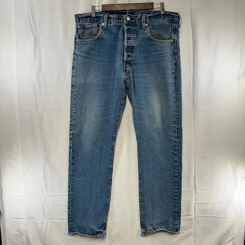 Levis 501 93 Jeans Mens 38x34 Blue Light Wash Straight Leg Premium Big E